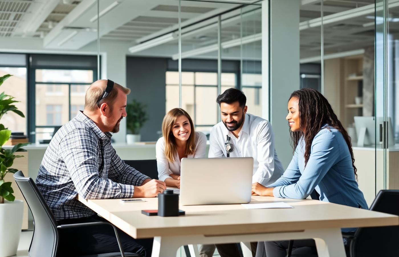 Equipo corporativo colaborando en una oficina moderna durante una videollamada